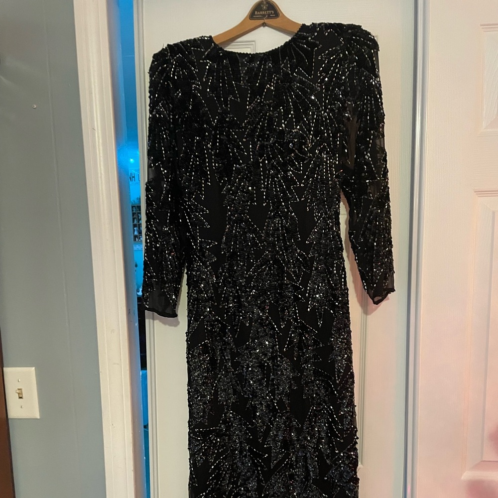 Lillie Ruben Black and Silver Beaded Long Sleeve Dress